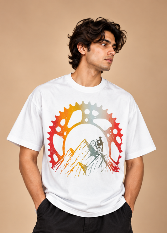 Cycle in Mountain White Printed Oversized T-Shirt