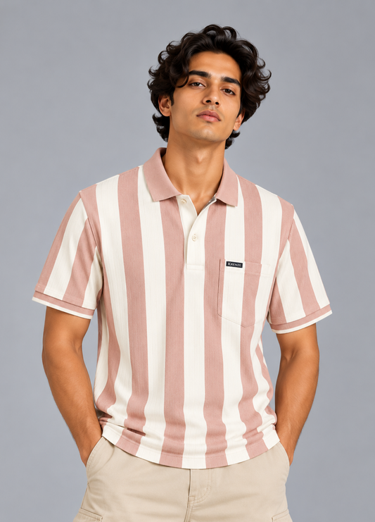 Rosy and Cream Line Pattern Polo T-Shirt