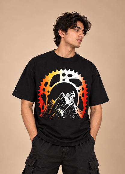 Bike on Mountain Black Printed Oversized T-Shirt