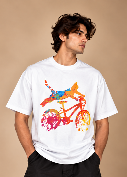 Cycle With Cat Printed Oversized T-Shirt