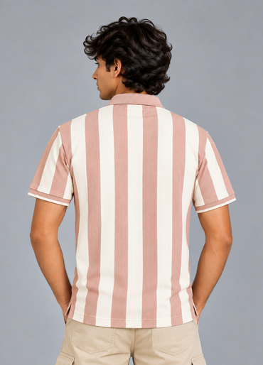 Rosy and Cream Line Pattern Polo T-Shirt