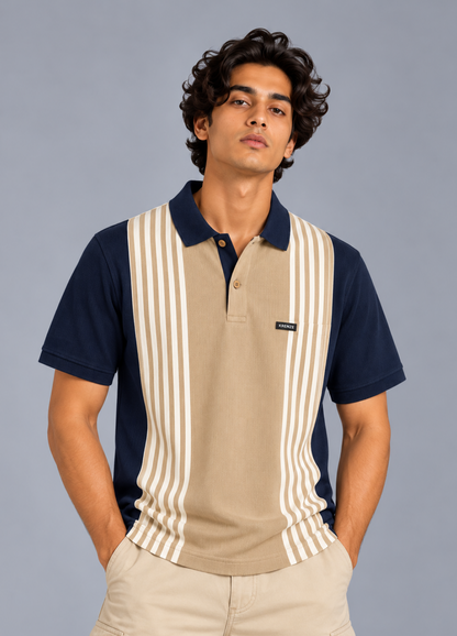 Blue Brown Vertical Polo T-Shirt