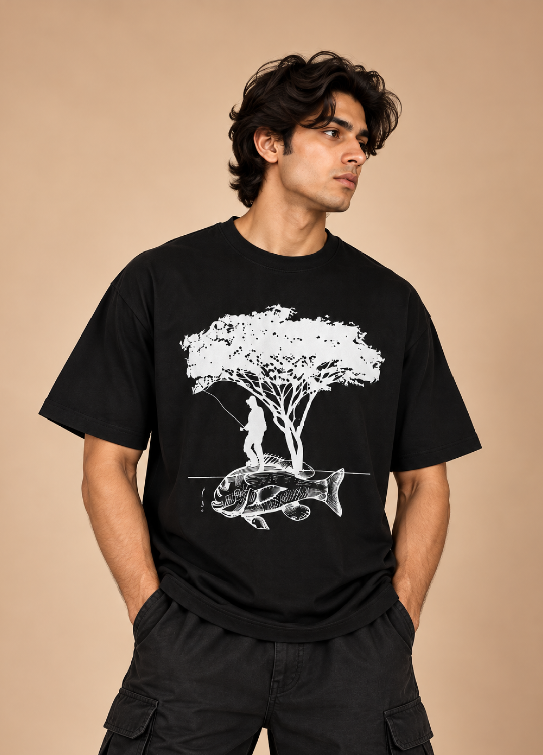 Fish and Tree Visual Printed Oversized T-Shirt
