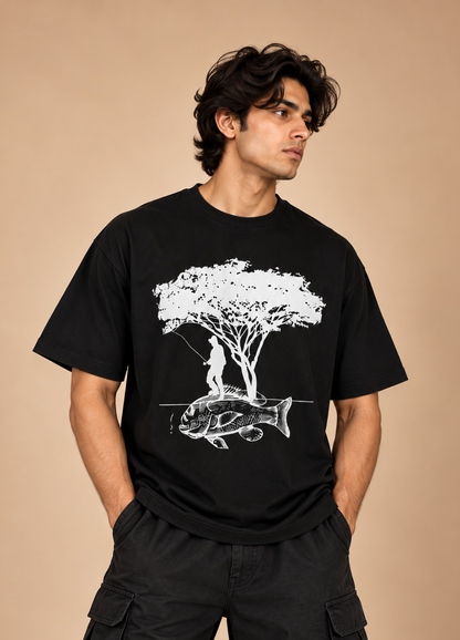 Fish and Tree Visual Printed Oversized T-Shirt