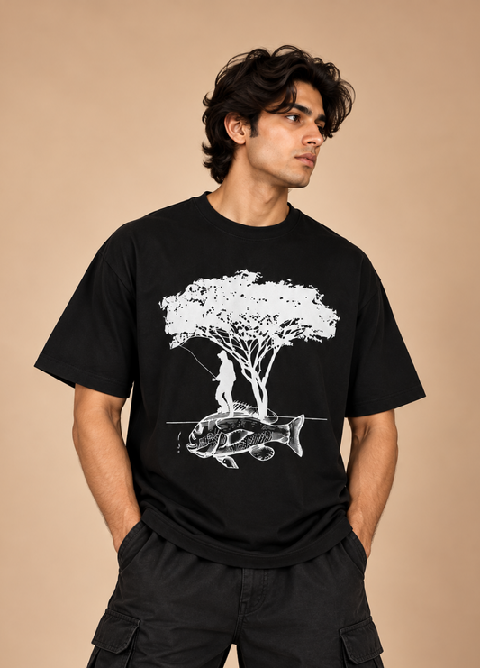 Fish and Tree Visual Printed Oversized T-Shirt