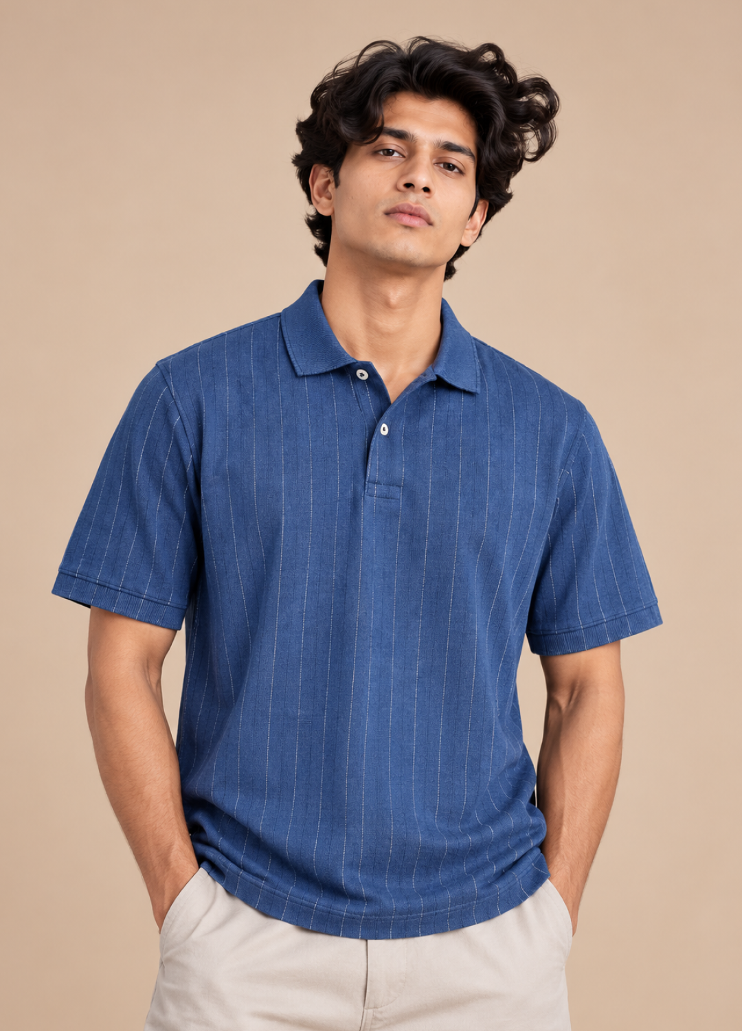 Denim blue Indigo Melange with thin grid line Jacquard Polo t-shirt