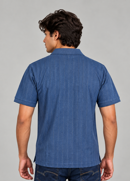 Denim blue Indigo Melange with thin grid line Jacquard Polo t-shirt