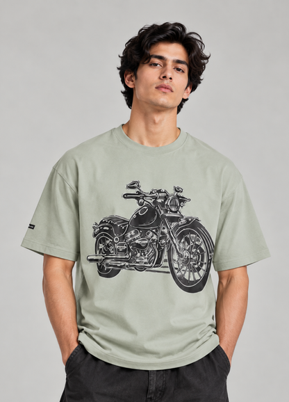 Cafe Racer Green Printed Oversized T-Shirt
